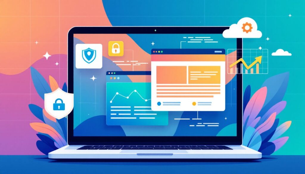 Website management and maintenance illustration showing laptop with security, performance, and analytics icons representing digital care essentials