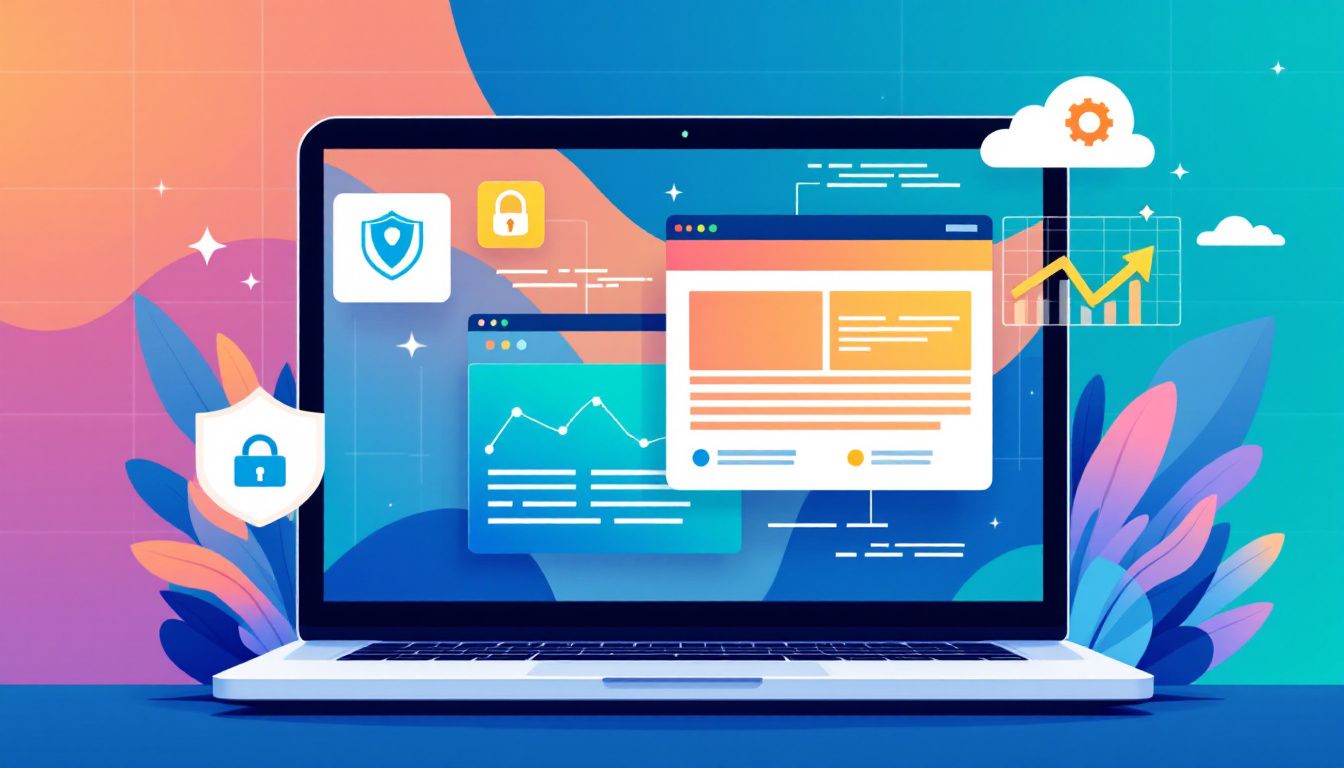 Website management and maintenance illustration showing laptop with security, performance, and analytics icons representing digital care essentials